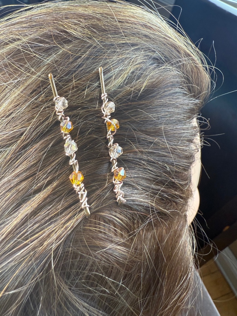 Amber & Champagne colored Crystals Beaded Bobby Pins